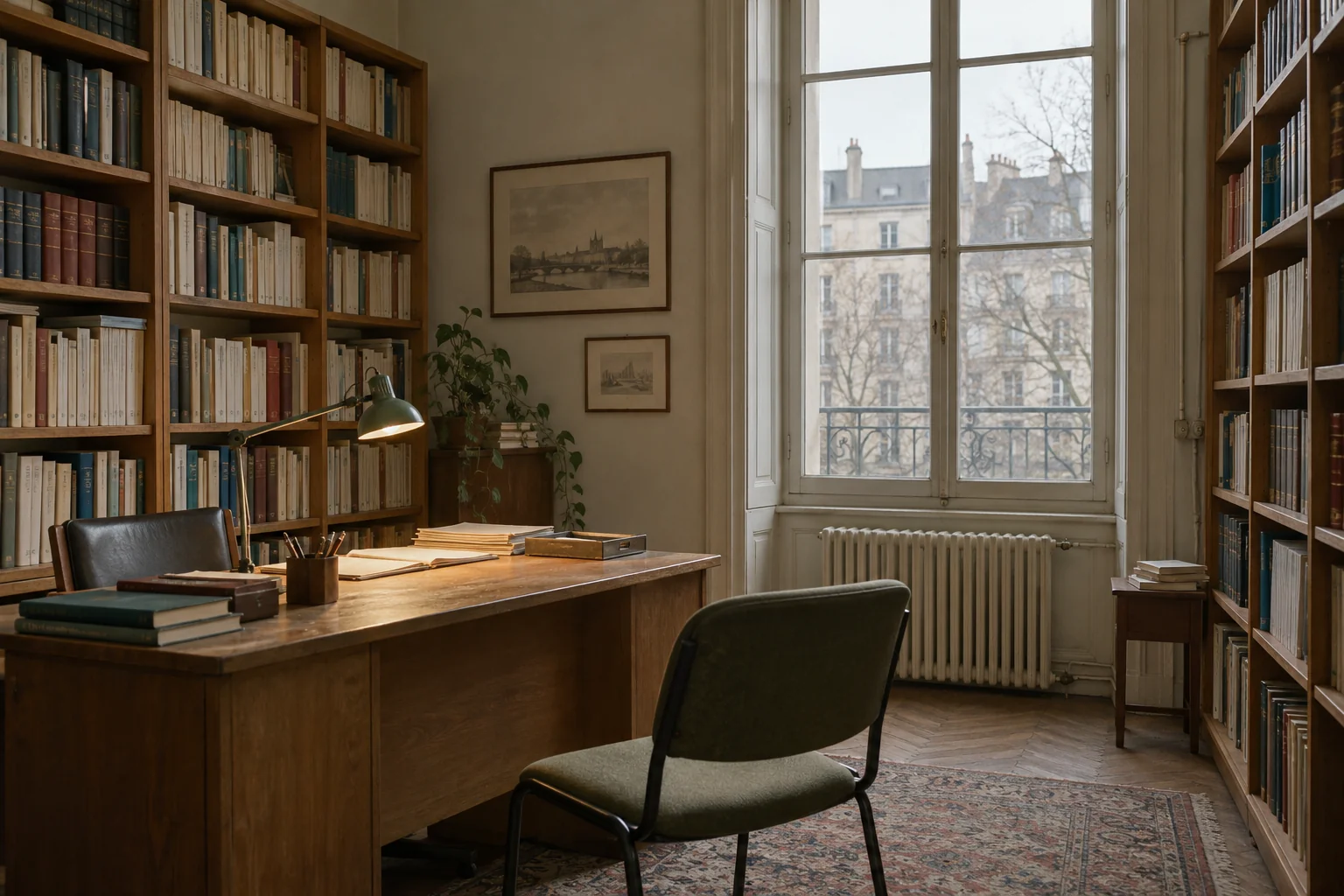 Rayonnages et table de consultation dans la bibliothèque documentaire